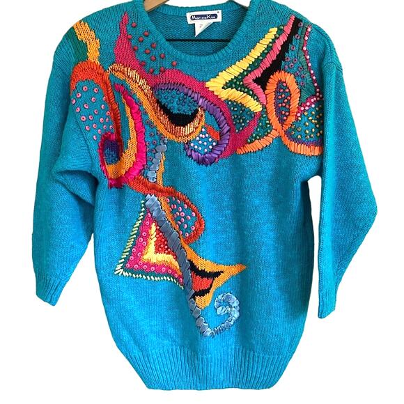 Vtg 3D Knit Sweater Small Art to Wear Beaded Multicolor Funky Rad Eclectic 80s - Picture 1 of 7